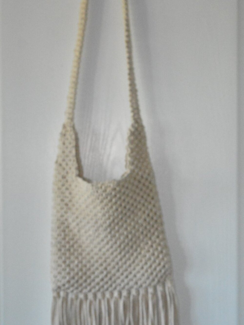 Handmade Cream Macrame Fringe Crossbody Bag 11x11 inch - Picture 3 of 4